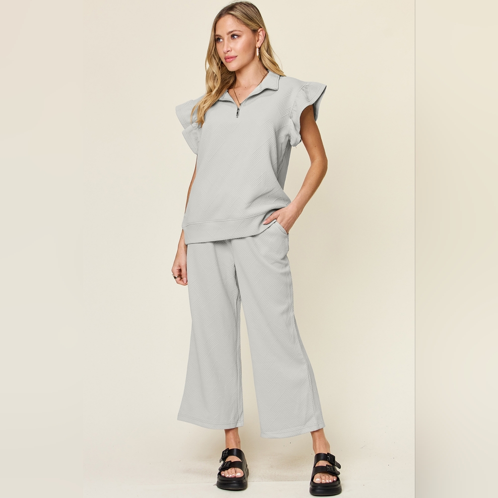 Double Take Texture Ruffle Short Sleeve Top and Drawstring Wide Leg Pants Set